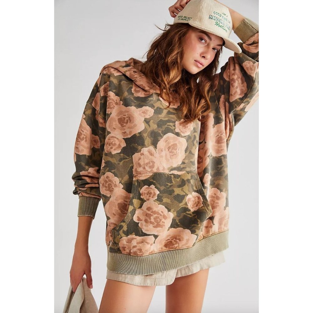 Free People Floral Camo Hoodie in Olive & Blush